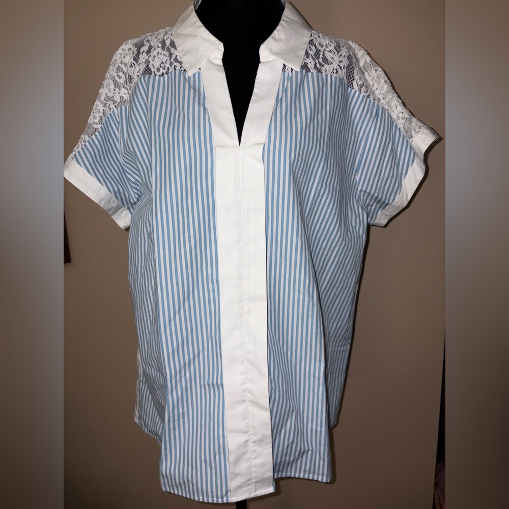 Karl Lagerfeld NWT Blue and White Striped Shirt with Lace Detail at Collar